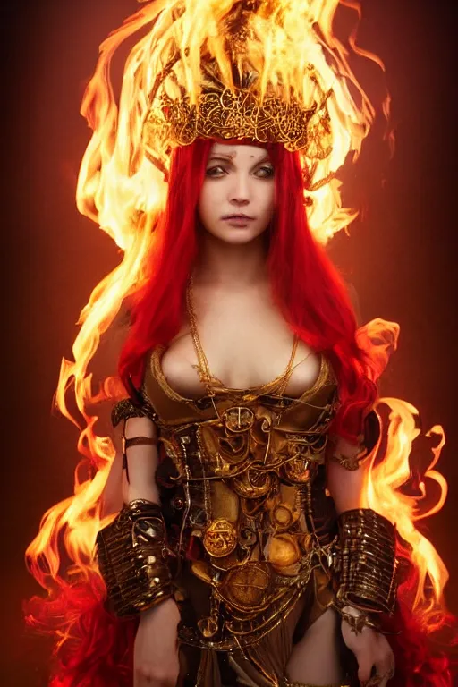 Image similar to a beautiful image of a young woman, steampunk Chandra queen of fire, big googles over her head, long flowing hair glowing with fire, steampunk costume mostly red and gold young female face, cinematic top lighting, insanely detailed and intricate, face by wlop, Charlie Bowater, golden ratio, symmetric, elegant, ornate, luxury, elite, matte painting, cinematic, trending on artstation, deviantart and cgsociety, 8k, high resolution