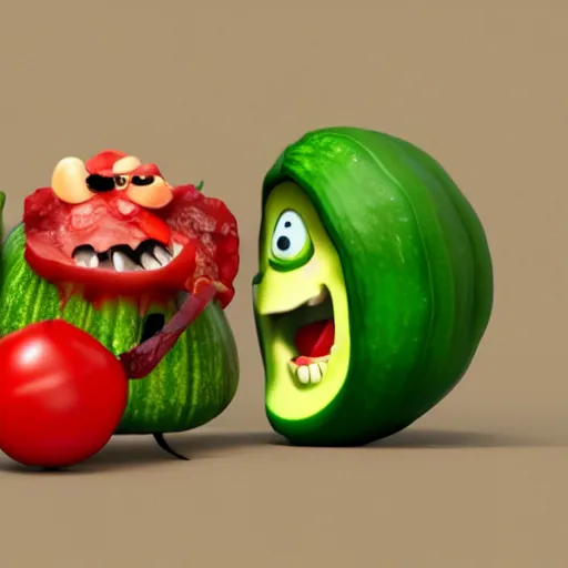 Image similar to detailed 3 d render of an angry zucchini character with a bloody knife in his hand, chasing after a tomato figure scared to death, hyper realistic octane render, dramatic scene, nightmare, surrealism, pixar, disney, cartoon