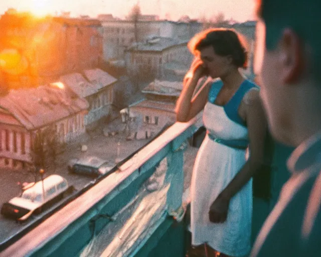 Image similar to lomo photo of pair standing on small hrushevka balcony full with cigarette smoke in small russian town looking at sunset, cinestill, bokeh