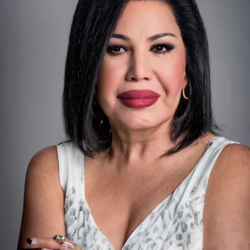 Image similar to dslr photo portrait still of 5 1 year old age 5 1 selena quintanilla at age 5 1!!!, 8 5 mm f 1. 8, studio lighting, vogue