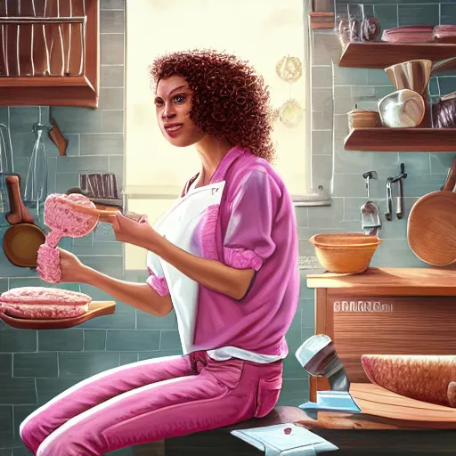 Image similar to portrait of a woman with curly hair in a pink shirt and highrise jeans making sourdough in sunlit kitchen, hyper detailed, digital art, trending in artstation