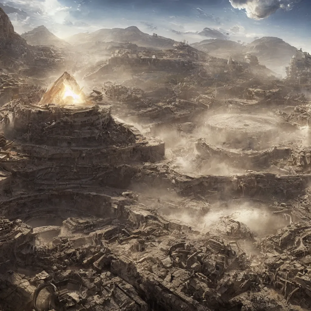 Image similar to coliseum mining tailing of chuquicamata, bioremediation, smooth, rossdraws, norman rockwell, emiliano ponzi, epic composition, hd, octane, unreal engine, volumetric lighting, light rays, masterpiece, award - winning