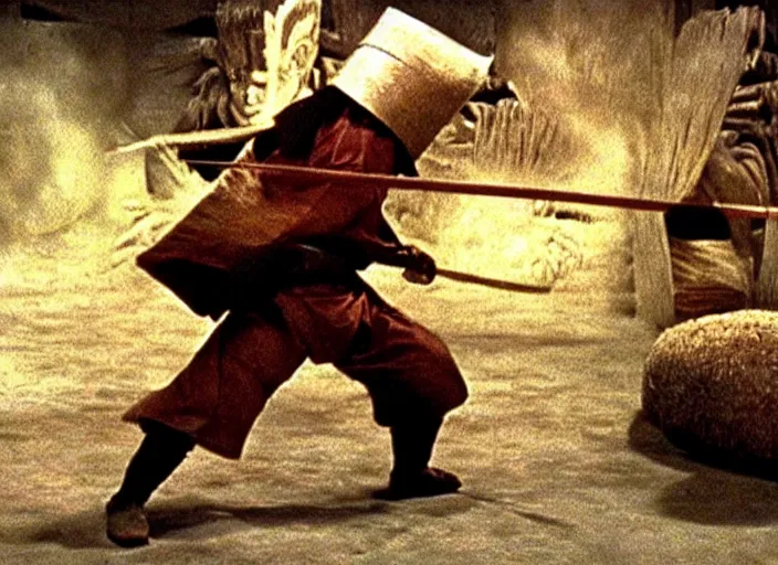 Image similar to a movie still of a samurai slicing through a loaf of bread by Akira Kurosawa