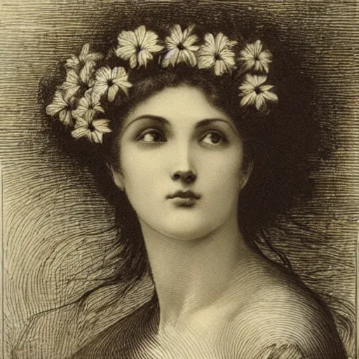 Image similar to extreme close-up, portrait of a beautiful french woman with flower in head, Gustave Dore lithography