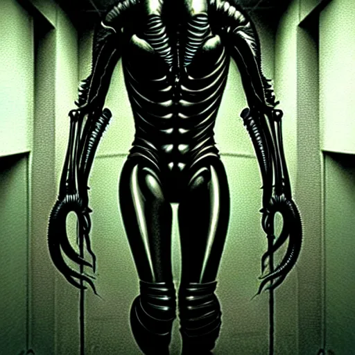 Prompt: black glossy xenomorph soldier, alien movie, endless empty office building, pale yellow wallpaper, moist brown carpet, dim fluorescent lighting, artstation, ultra detailed, creepy, dramatic lighting, photorealistic, art by h. r. giger