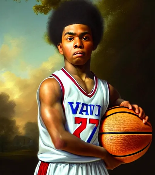 Prompt: portrait of a boy at a basketball court playing basketball wearing a basketball uniform in a basketball court standing near the basketball hoop, painted in 1776, intense emotion, detailed facial expression, detailed surroundings, intricate, elegant, highly detailed, centered, digital painting, artstation, concept art, smooth, sharp focus, illustration, by (Peter Mohrbacher), WLOP