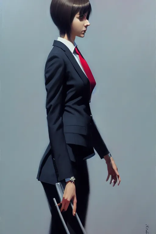 Prompt: a ultradetailed beautiful panting of a stylish woman wearing a formal suit with a tie, oil painting, by ilya kuvshinov, greg rutkowski and makoto shinkai, trending on artstation