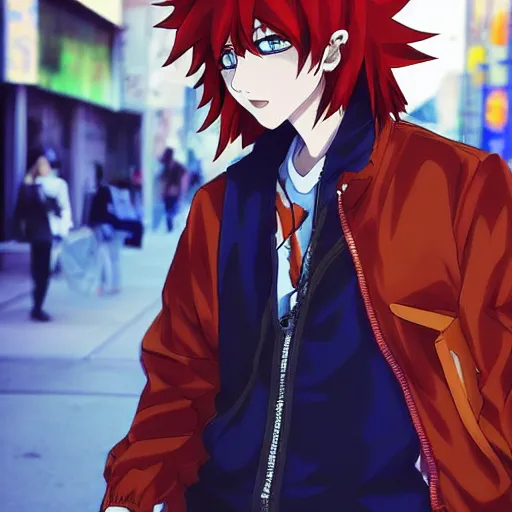 Image similar to orange - haired anime boy, 1 7 - year - old anime boy with wild spiky hair, wearing blue jacket, shibuya street, blue sunshine, strong lighting, strong shadows, vivid hues, raytracing, sharp details, subsurface scattering, intricate details, hd anime, high - budget anime movie, 2 0 2 1 anime