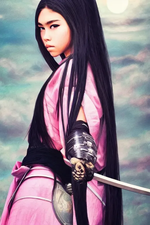 Image similar to highly detailed beautiful photo of madison beer as a young female samurai, practising her sword staces, symmetrical face, beautiful eyes, pink hair, realistic anime art style, 8 k, award winning photo, pastels colours, action photography, 1 / 1 2 5 shutter speed, sunrise lighting