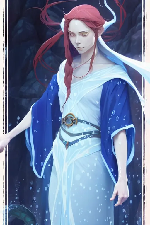 Image similar to elf female sorcerer doing water magic spells, blue robes, red hair, finely detailed perfect face, exquisite details, mid view, design on a white background, by studio muti, greg rutkowski makoto shinkai takashi takeuchi studio ghibli