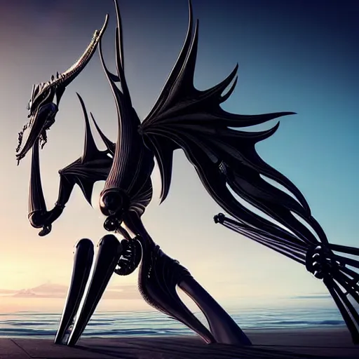 Image similar to looking up at a highly detailed 300 foot tall giant exquisite beautiful female warframe, as an anthropomorphic robot dragon, posing elegantly over your tiny form, detailed legs looming over you, camera on the ground, at the beach on a sunset, sleek streamlined design, streamlined matte black armor, sharp detailed claws, detailed sharp robot dragon feet, worms eye view, giantess shot, upward shot, ground view shot, leg shot, front shot, cinematic shot, high quality warframe fanart, captura, realistic, professional digital art, high end digital art, furry art, giantess art, anthro art, DeviantArt, artstation, Furaffinity, 8k HD render, epic lighting