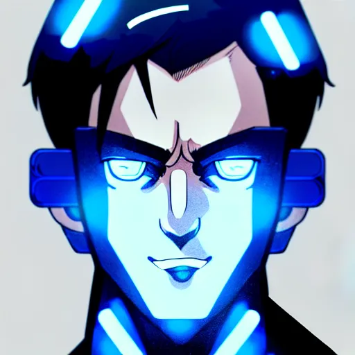 Prompt: a highly detailed portrait of a man with navy blue hair and blue glowing eyes, summoning blue transparent cubes, high detail clothing, concept art, anime, artstation, professional drawing