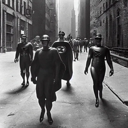 Prompt: 1 9 3 0 s photography of superheroes walking a new york alley