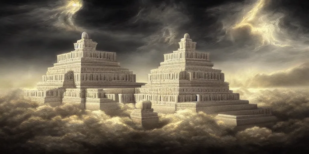 Prompt: hidden imagery floating temple in the sky incredible digital art optical illusion, superb detailed clouds shaped like the second temple in jerusalem, awe inspiring, masterpiece surrealism, digital art trending on artstation awesome award winning