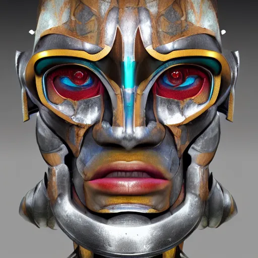 Prompt: a hyper realistic digital paintig of robot tribal masks, very detailed, matte painting, trending on artstation, realistic,