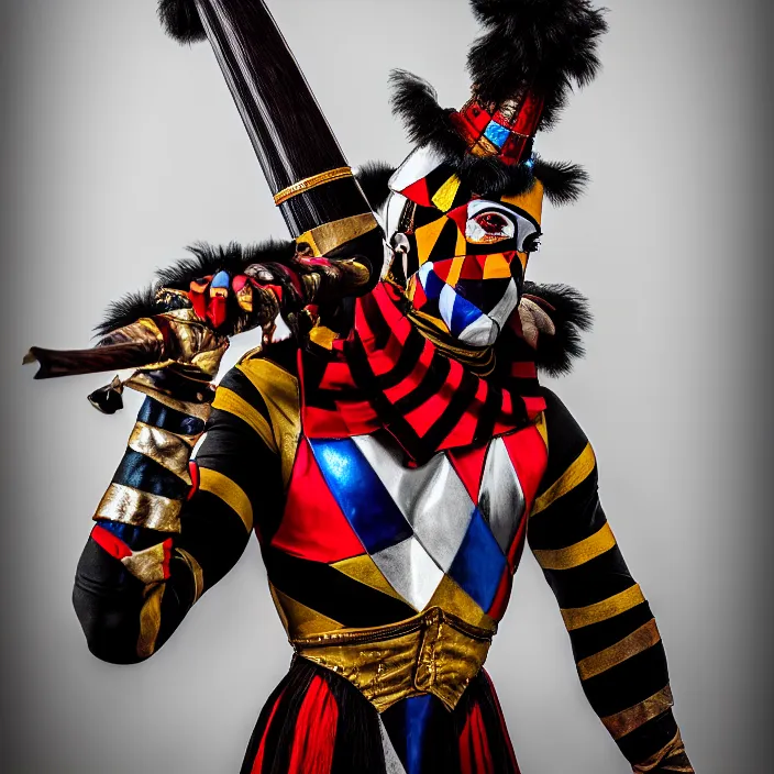 Prompt: full body photo of a real - life beautiful harlequin warrior, 8 k, hdr, smooth, sharp focus, high resolution, award - winning photo