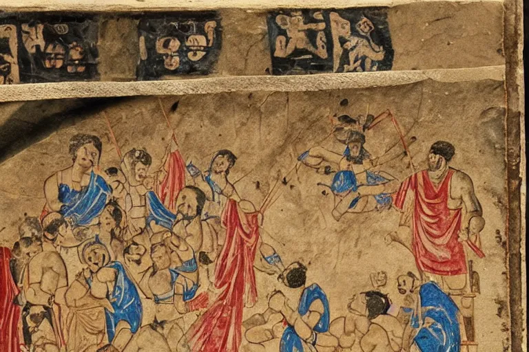 Prompt: a scan of an ancient piece of art on parchment depicting a still of a wwe match