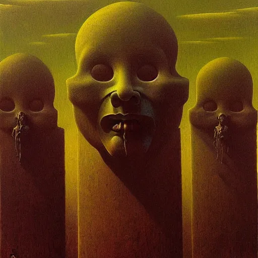 Image similar to highly detailed dystopian surreal painting of eerie grinning head statues and buildings by zdzisław beksinski