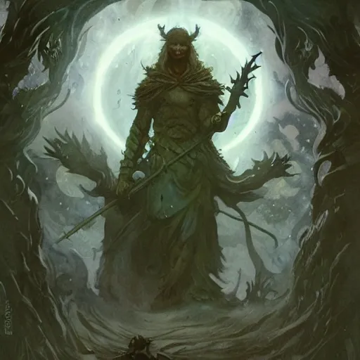 Image similar to a druid at the beginning of the world by alan lee and peter mohrbacher and frank frazetta and mike mignola