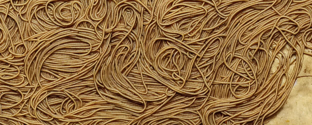 Image similar to ancient manuscripts detailing spaghetti, fine detail