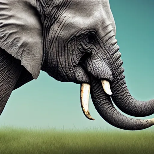 Image similar to an elephant falling apart and crumbling to dust to the air, photorealistic