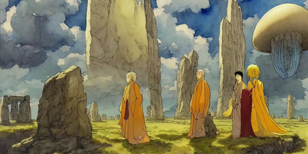 Image similar to a hyperrealist studio ghibli watercolor fantasy concept art of a giant chinese god and a small grey alien with a yellow robe in stonehenge in the early morning. a giant gold ufo is floating in the air. by rebecca guay, michael kaluta, charles vess