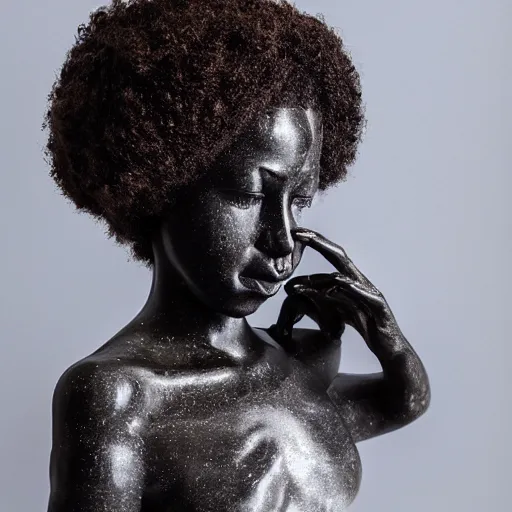 Image similar to a photorealistic all white marble sculpture of a black girl with a white afro crying