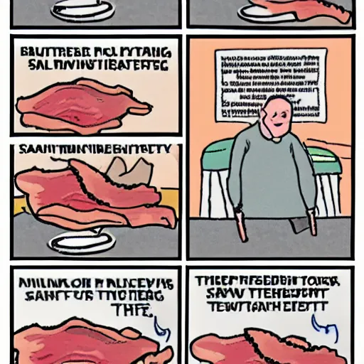 Prompt: newspaper comic drawing of a man salting bacon