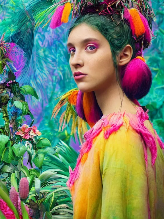 Image similar to beautiful portrait of a Subtropics minority colorful pigtail female wearing fantastic Hand-dyed cotton dress, embellished beaded and decorative fringe knots ,around subtropical plants and flowers and birds,intricate, elegant, highly detailed, dim volumetric lighting, 8k,octane,post-processing,digital painting, trending on artstation, concept art, smooth, sharp focus, illustration,by Tom Bagshaw and Daniel Gerhartz and Albert Aublet and Lawrence Alma-Tadema and alphonse mucha