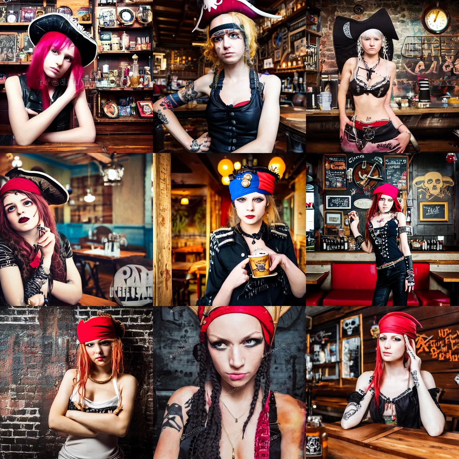 Prompt: a high quality portrait of a beautiful punk girl in a pirate themed cafe, realism, 8k, award winning photo