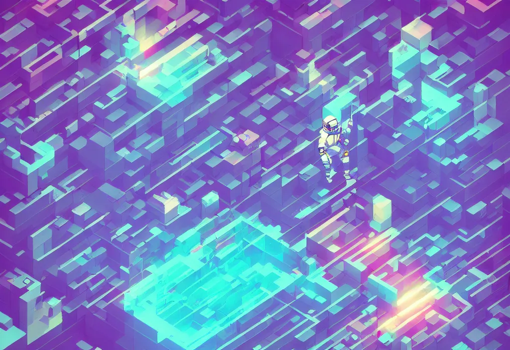 Image similar to isometric pixel art astronaut, vaporwave, cinematic lighting, 4 k