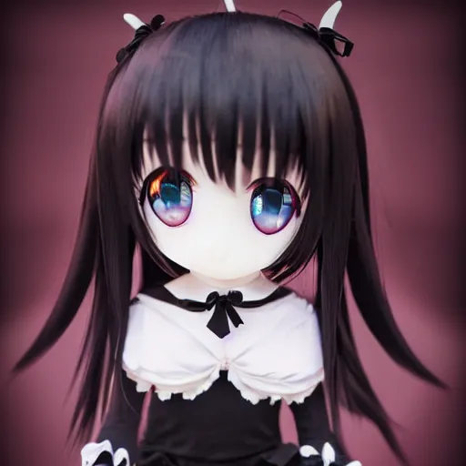 Prompt: cute fumo plush of a gothic maiden in a black on black uniform, laces and ribbons, soft shadow, anime girl, vray, symmetry, white frame
