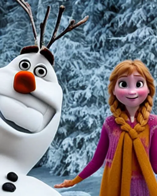 Image similar to photo of olaf from frozen with a human body, standing up, with a sweater and yoga pants.