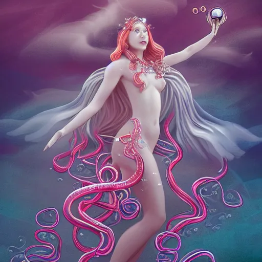 Image similar to Full body photo of the most beautiful goddess, she has a jellyfish head and a siren body, some tentacles are touching her, she flying to heaven through the clouds, she is swimming and leading some chrysaora hysoscella with smoke behid her, by Tooth Wu, trending on Artstation, digital art, symmetrical artwork, cinematic, hyper realism, high detail, octane render, 4k, 8k