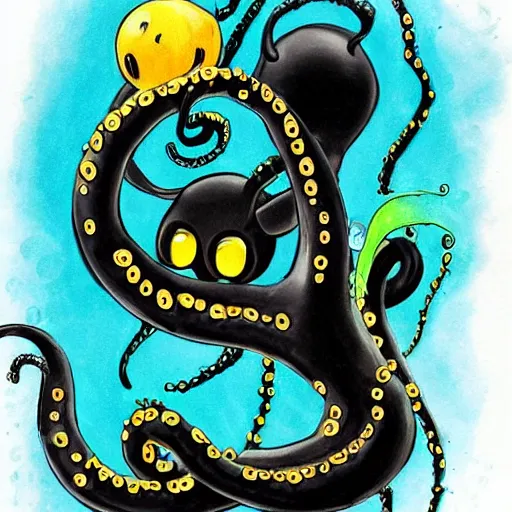 Image similar to a cute art of black ink slime in form of liquid black cat with tentacles , claymation, Aardman animation, dnd slime art