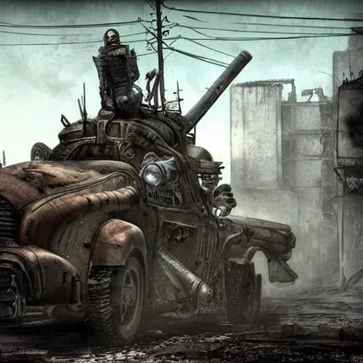 Image similar to a post-apocalyptic tank in the style of mad-max in the style of fallout in the style of metro:2033 trending on artstation deviantart Pinterest Photorealistic HD 8k highlights and shadow detailed High Resolution