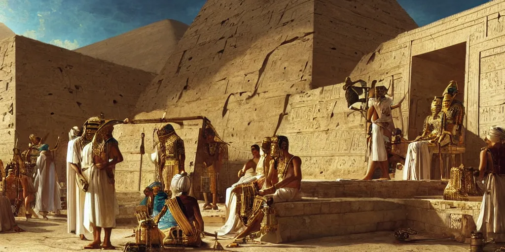 Prompt: Tutankhamun watching as the pyramids are being built in ancient egypt, sitting in a golden chariot, daytime painting by ludwig deutsch and rudolf ernst, lost civilizations, slaves in white robes, dramatic cinematic lighting, sharp focus, smooth, sharp focus, extremely detailed,