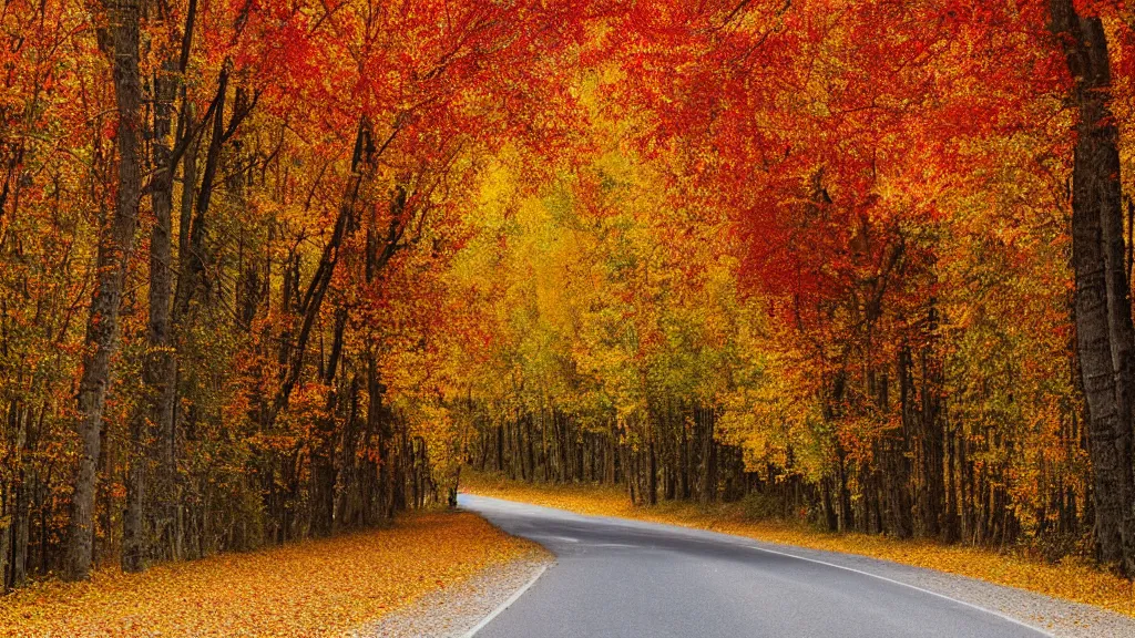 Prompt: a photograph of a country road! lined on both sides by maple and poplar trees, in the autumn, red orange and yellow leaves, some leaves have fallen and are under the trees and on the!!!! road