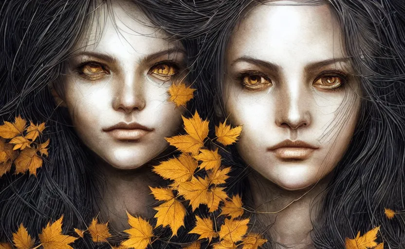 Image similar to golden leaves at frame border, creative!!! composition for a book cover!!!, absurdly beautiful, ultrafine hyperrealistic detailed old witch face by wlop and artgerm and greg rutkowski, intricate linework, sharp focus, smooth, octopath traveler, final fantasy, unreal engine, dramatic lighting, ethereal, 8 k