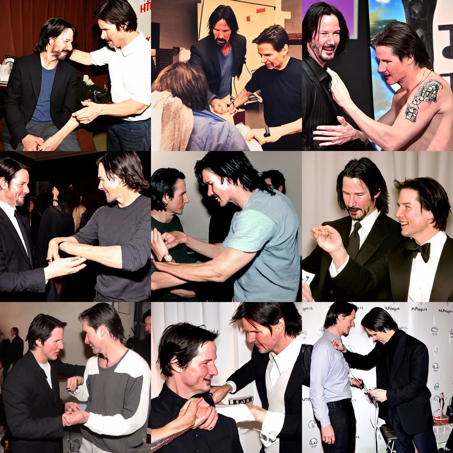 Prompt: ( ( ( keanu reeves ) ) ) giving ( ( ( tom cruise ) ) ) a tattoo