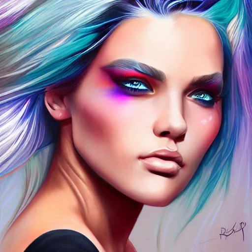 Prompt: electric woman, cute - fine - face, pretty face, oil slick hair, realistic shaded perfect face, extremely fine details, realistic shaded lighting, dynamic background, rob rey, artgerm