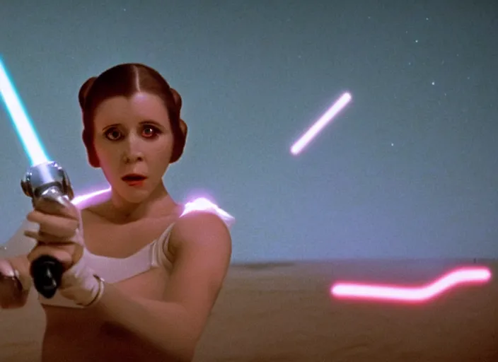 Image similar to glamour portrait of Princess Leia, played by Carrie Fischer, in thin bikini lightsaber training on beach planet, iconic scene from the 1980s film directed by George Lucas, cinematic lighting, hyper real, stunning cinematography, with anamorphic lenses, crisp, detailed portrait, 4k image