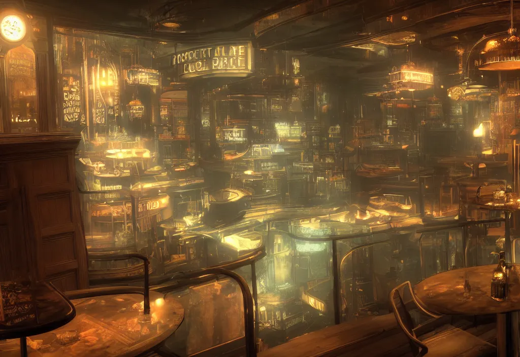 Image similar to In the world of rapture from the world of bioshock you are in a bar, there is a window that lets you see the whole city underwater and you are drinking a rum and coke, there are makes on the tables