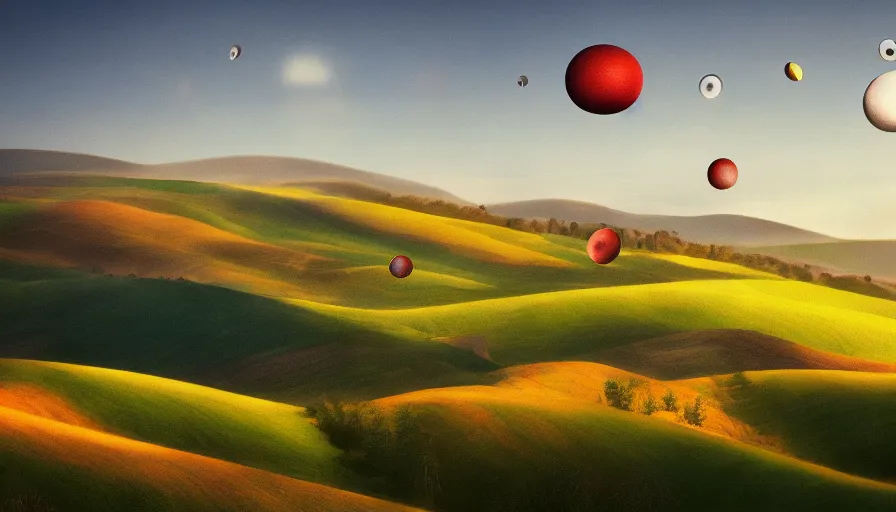 Image similar to a beautiful landscape painting, flying colorful saucers, tuscany hills, by sam guay, moody lighting, hyperrealism, 4 k, octane render