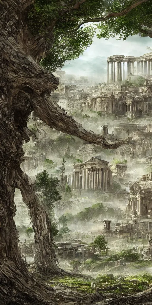 Prompt: sprawling roman city built at the base of a towering tree, wide shot, digital art, detailed, fantasy, elden ring