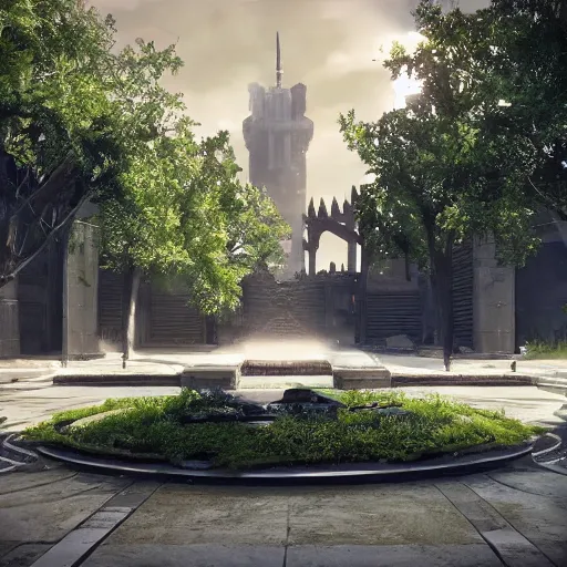 Image similar to destiny 2 the tower courtyard in real life, photo