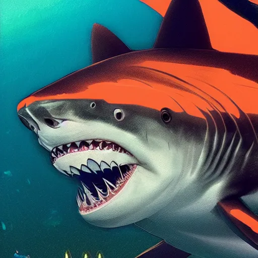 Prompt: great white shark with orange and white striped traffic cones instead of fins, underwater background detailed atmospheric - ron cheng & alphonse mucha, highly detailed, digital painting, ray tracing, concept art, illustration, smooth sharp focus, intricate, symmetry, artstation,