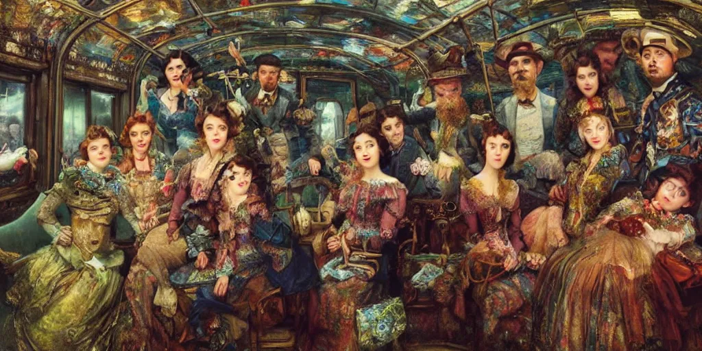 Image similar to detailed colour masterpiece of photography group portrait of people sat down extreme closeup, in the inside of the beautiful underwater crowded train to atlantis, detailed realistic expressions, wearing unusual clothes, by william powell frith