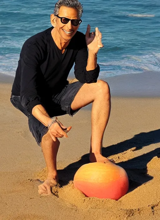 Image similar to jeff goldblum as a melon on the sand of a beach