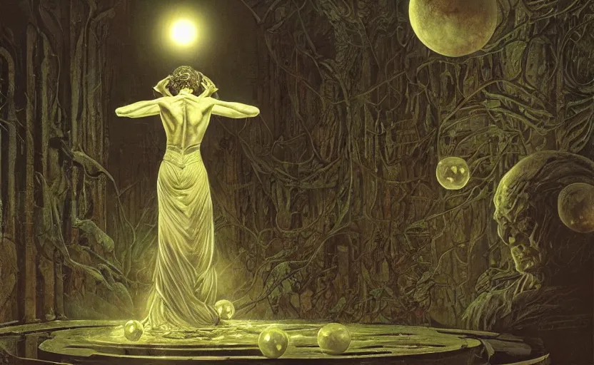 Prompt: a neoclassicist portrait of an otherworldly marble statue holding dimly glowing orbs in a botanical sci - fi courtyard at night. reflective textures. glowing fog. highly detailed fantasy science fiction painting by moebius, norman rockwell, frank frazetta, and syd mead. rich colors, high contrast, gloomy atmosphere, dark background. artstation